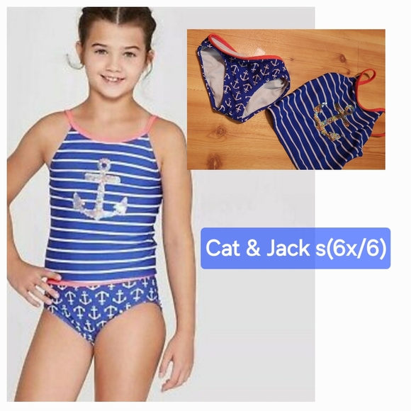 GIRL’s TANKINI SIZE s(6×/6)Blue Sequence Anchor Two Piece Swimsuit - Picture 1 of 6